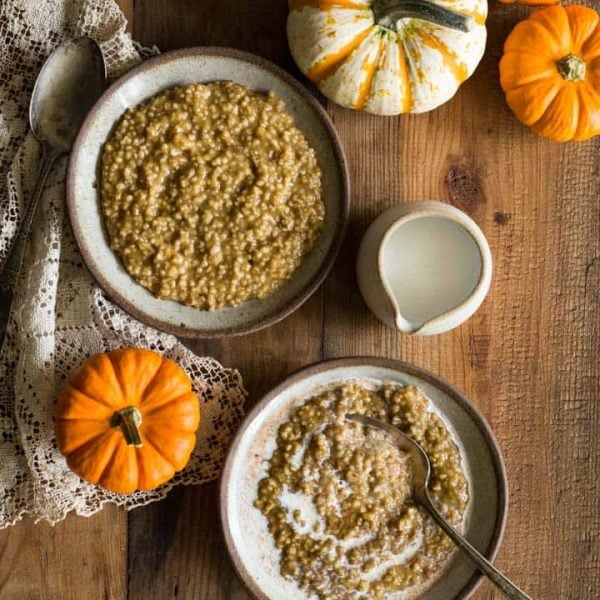 Pressure Cooker Pumpkin Pie Steel Cut Oats recipe for your Instant Pot or Electric Pressure Cooker, it's perfect Fall food and an easy healthy gluten free oatmeal breakfast recipe cooked with brown sugar and pumpkin pie spice!