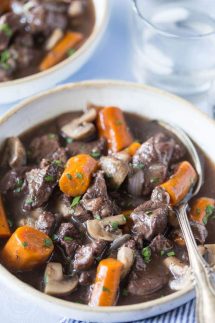 Easy and delicious Pressure Cooker Beef Bourguignon recipe made with beef, onions, garlic, mushrooms and red wine. Also known as Beef Burgundy. You can cook this in your electric pressure cooker or instant pot. It's gluten free and can be made paleo