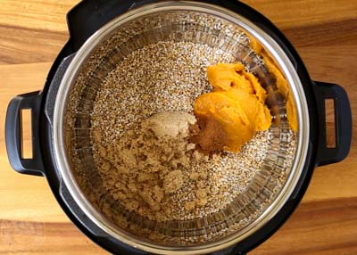 Overhead view of steel cut oats in an electric pressure cooker with pumpkin and brown sugar.