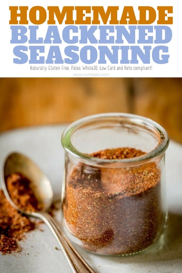 Homemade Blackened Seasoning recipe with easy tips for cooking with it! It's naturally gluten free, paleo, Whole30, Low Carb and Keto compliant, there is no sugar added. This is a variation of Paul Prudhomme's Blackened Seasoning Blend, a really easy blackening spice recipe to make at home #blackeningspice #paleo #lowcarb #keto #ketodiet #ketogenic #whole30 #w30 #glutenfree #spicerub #spices