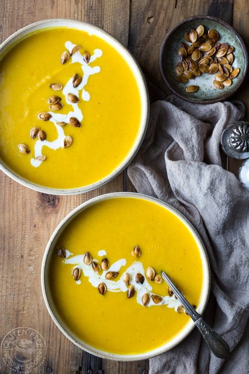 You'll love my pressure cooker pumpkin soup, it's Paleo, Whole30 and has the added benefit or Turmeric, so healthy and delciious! #instantpot #instapot #electricpressurecooker #paleoinstantpot #glutenfreepressurecooker #glutenfreeinstantpot #whole30instantpot #pumpkinrecipe #turmeric