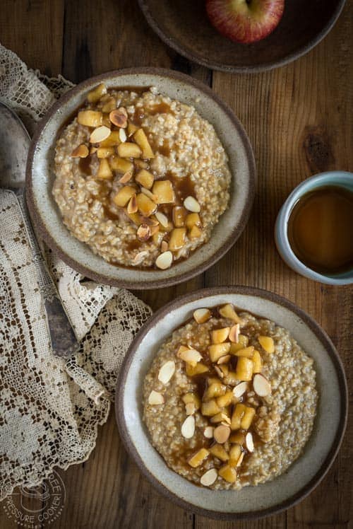 My recipe for Pressure Cooker Steel Cut Oats with Apple Pie Topping is a fun easy breakfast the whole family will love! #pressurecooker #instantpot #instapot #oatmeal #glutenfreepressurecooker