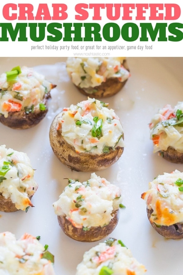 crab stuffed mushrooms appetizer that's perfect holiday party food, or great for an appetizer, game day food or just any time you like! #stuffedmushrooms #crabstuffedmushrooms #gamedayfood #partyfood #glutenfree #noshtastic #superbowl