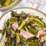 Pressure Cooker Collard Greens made in a fraction of the time in your pressure cooker or Instant Pot! Cooked with a smoked turkey leg and makes the most amazing 'pot likker' or pot liquor #instantpot #instapot #collardgreens #southernfood #soulfood #electricpressurecooker #glutenfreepressurecooker #glutenfreeinstantpot #glutenfree