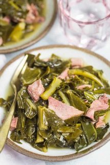 Pressure Cooker Collard Greens made in a fraction of the time in your pressure cooker or Instant Pot! Cooked with a smoked turkey leg and makes the most amazing 'pot likker' or pot liquor #instantpot #instapot #collardgreens #southernfood #soulfood #electricpressurecooker #glutenfreepressurecooker #glutenfreeinstantpot #glutenfree