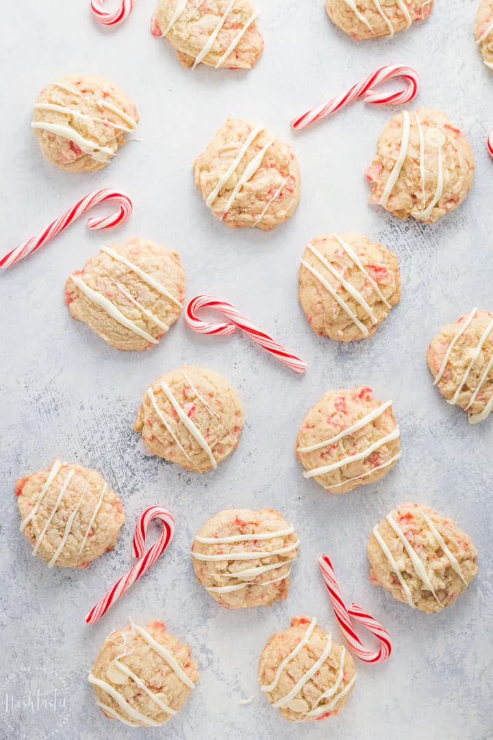 gluten free white chocolate chip cookies with peppermint and crushed candy canes! Perfect holiday cookies for Christmas and easy to make. #glutenfreecookies #christmascookies #glutenfree #sugarcookies