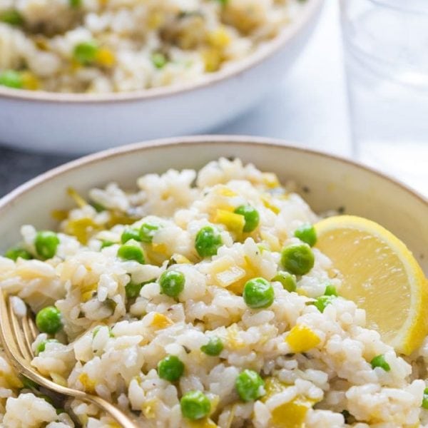Pressure Cooker Risotto with peas, leeks, lemon