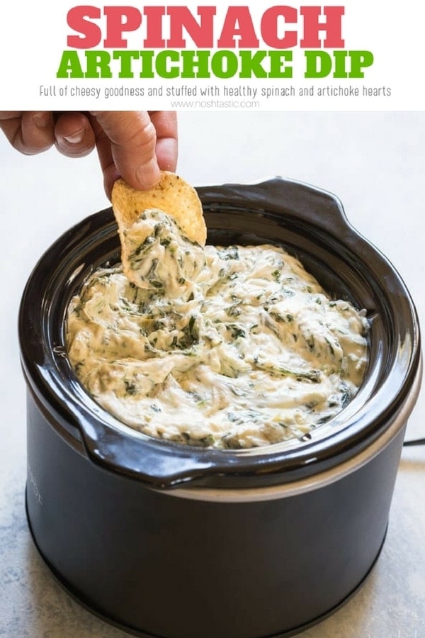 spinach and artichoke dip recipe in your crockpot or slow cooker! Made with cheese, spinach and artichoke hearts #spinachartichokedip #gameday #gamedayrecipes #chipsanddip #cheesedip #crockpotdip #partyfood #appetizer #noshtastic #glutenfree #glutenfreeappetizer