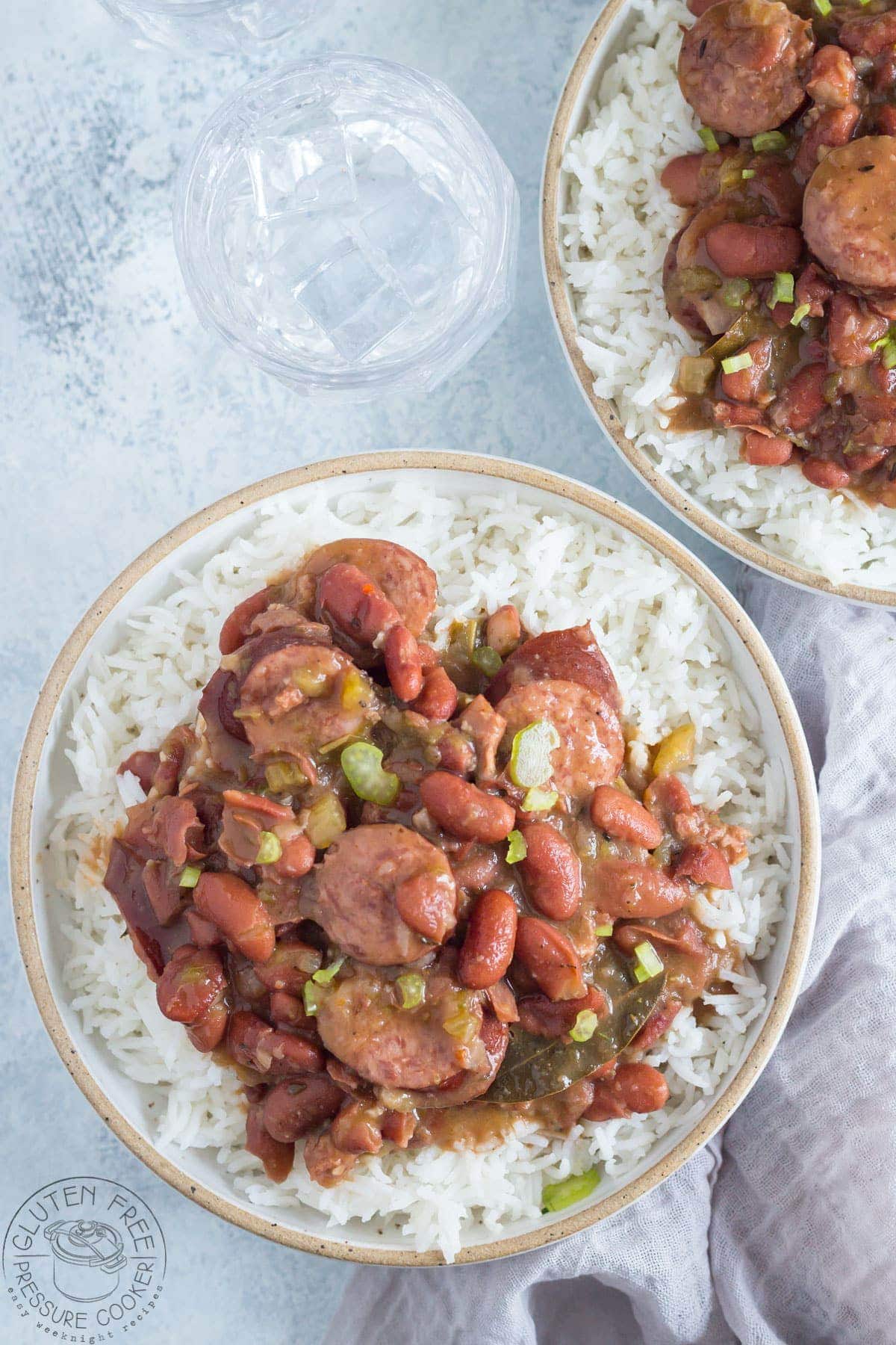 overhead photo of red beans and rice with andouille sausage