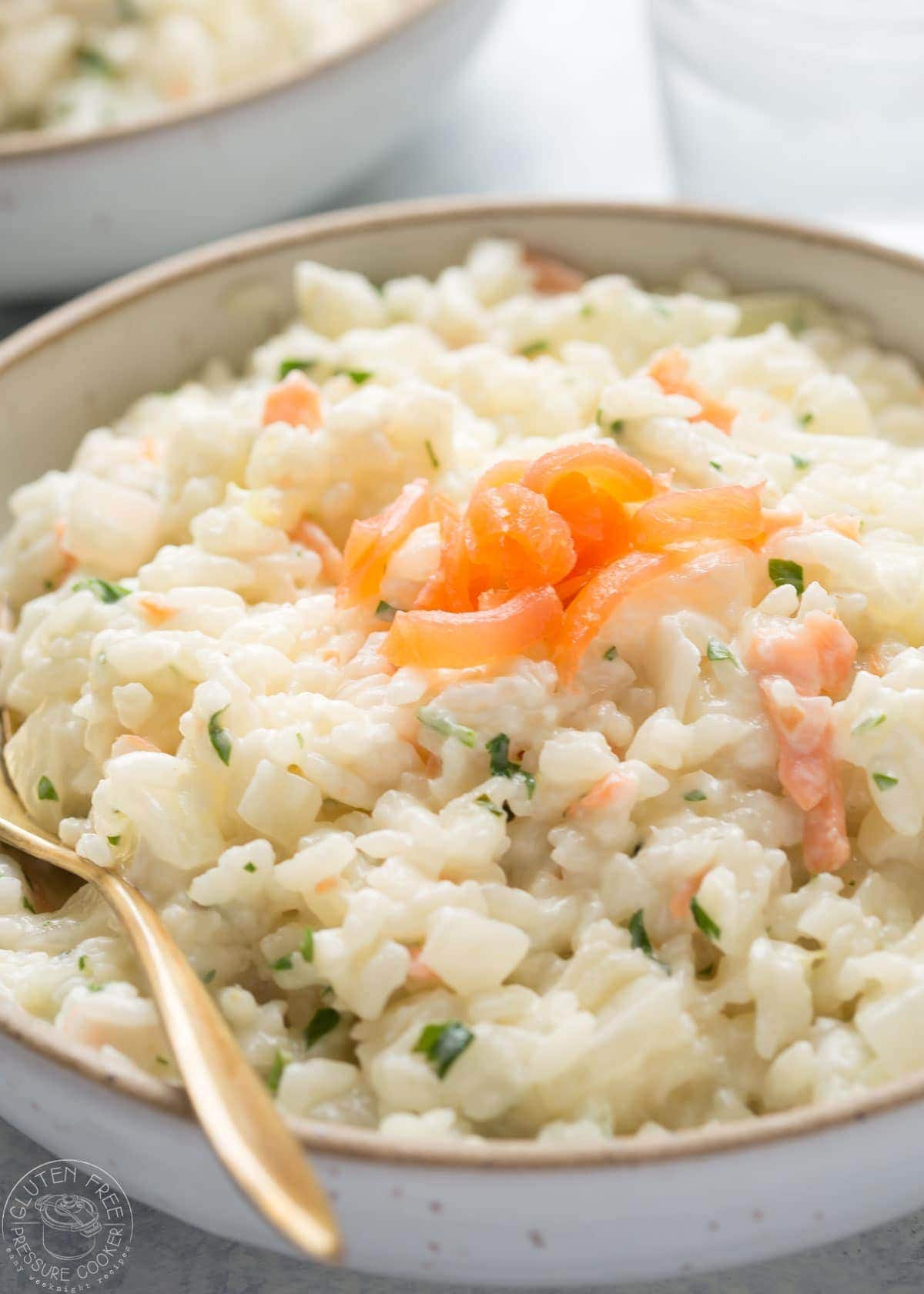 Close up view of bowl of smoked salmon risotto recipe