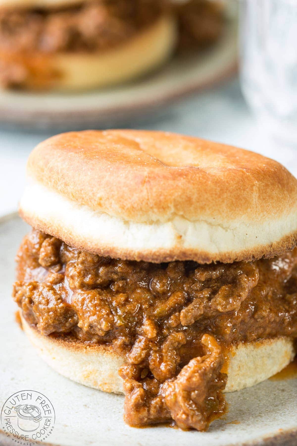  Instant Pot Sloppy Joes recipe on a plate with bread roll