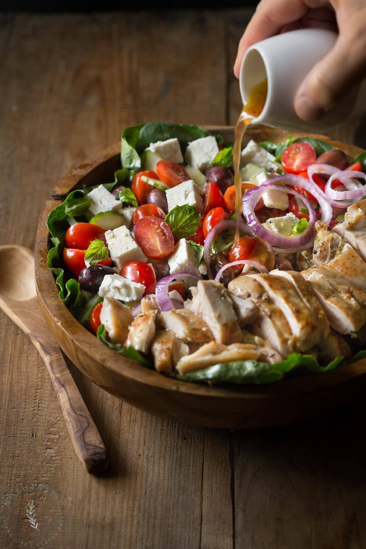 Greek Chicken Salad Recipe with a poured over vinaigrette