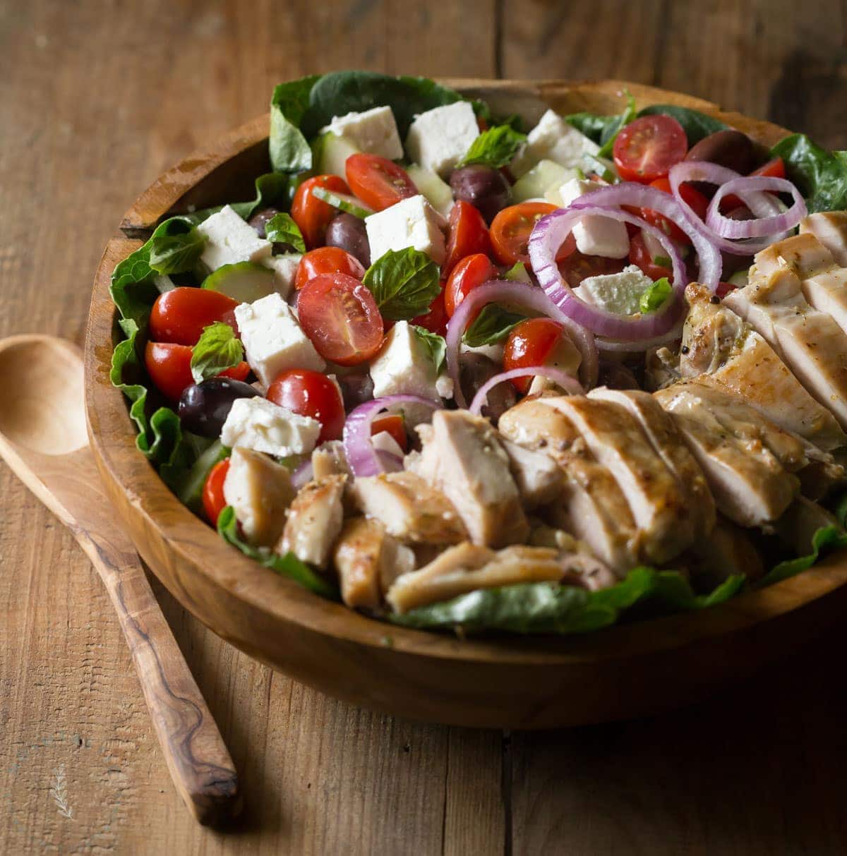 greek chicken salad in a bowl