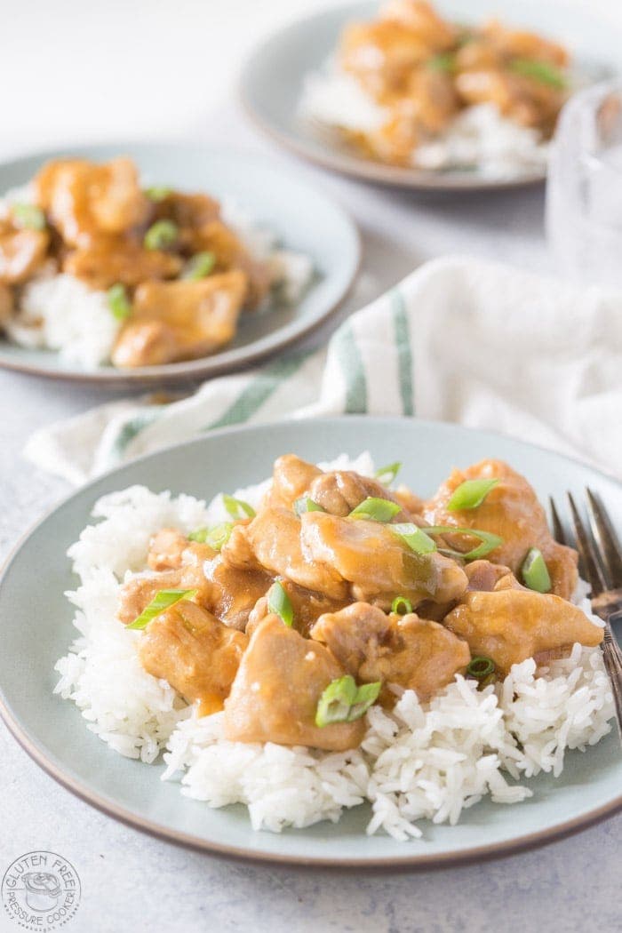 Side shot of Instant Pot Mongolian Chicken with Rice on a blue plate