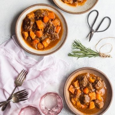 Slow Cooker Beef Stew, melt in your mouth tender chunks of beef with delicious healthy vegetables and fresh herbs, this is the beef stew you've been looking for! This recipe is healthy, gluten free, Paleo, and Whole30 compliant #slowcookerbeefstew #crockpotbeefstew #paleobeefstew #whole30beefstew #healthybeefstew #sweetpotato #beefstew #glutenfree #paleo #whole30