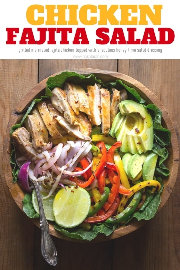 My Chicken Fajita Salad has all kinds of tasty ingredients including, grilled marinated fajita chicken, red onions, bell pepper, avocados and is topped with a fabulous honey lime salad dressing.| www.noshtastic.com | #chickenfajitas #chickenfajitasalad #fajitasalad #chickensalad #paleo #paleosalad #paleochicken #healthysalad #glutenfree #noshtastic #glutenfreerecipe 