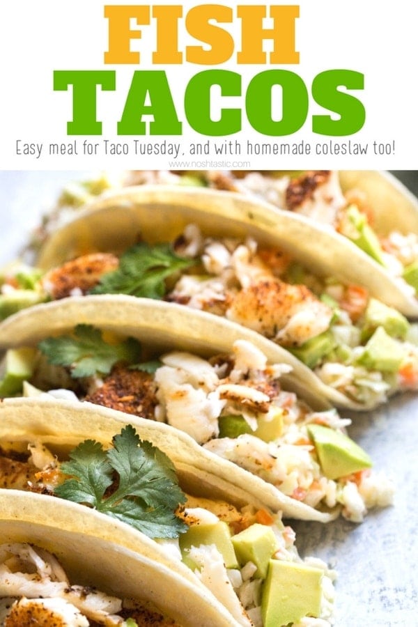 Easy Fish Tacos with Cabbage slaw make a perfect weeknight recipe that you can pull together really quickly. I used tilapia fish fillets topped with my blackened seasoning.  They cook very fast on a large sheet pan in the oven. | www.noshtastic.com | #fishtacos #glutenfree #noshtastic #glutenfreerecipe #bajafishtacos #tilapia #tilapiatacos #tacotuesday