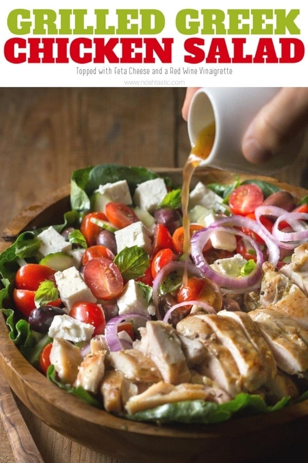 Grilled Greek Chicken Salad with delicious homemade Red wine Vinaigrette and Feta Cheese | www.noshtastic.com | #greekchickensalad #greeksalad #grilledchicken #glutenfreechicken #glutenfreesalad #glutenfree #noshtastic #glutenfreerecipe 