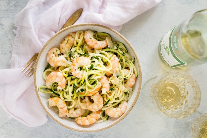 Shrimp Scampi in a bowl with noodles