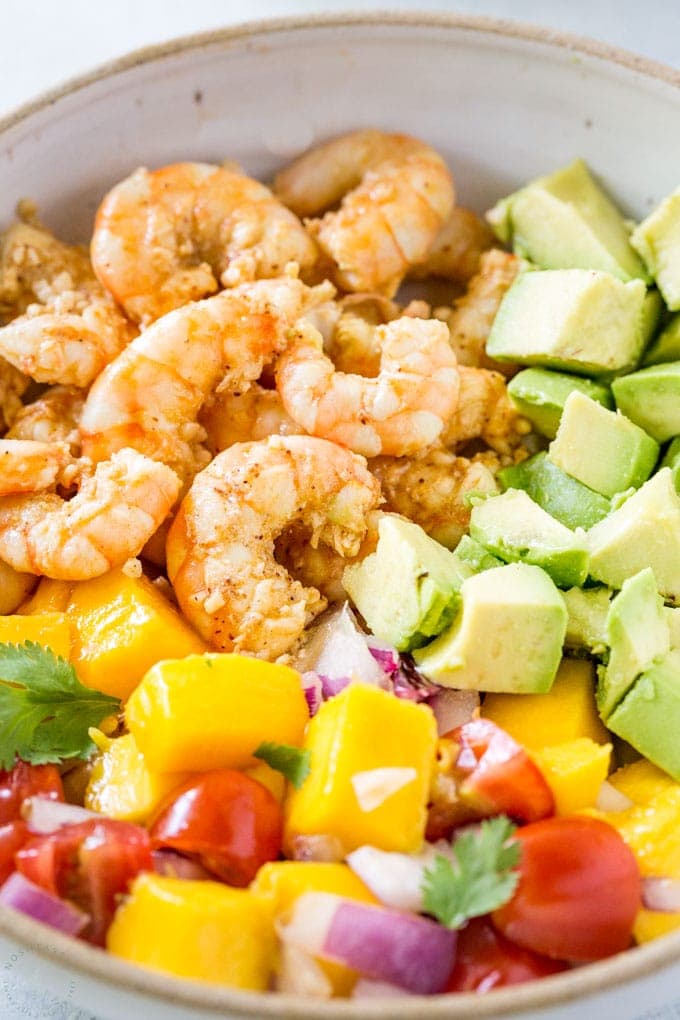 Shrimp taco bowls with mango
