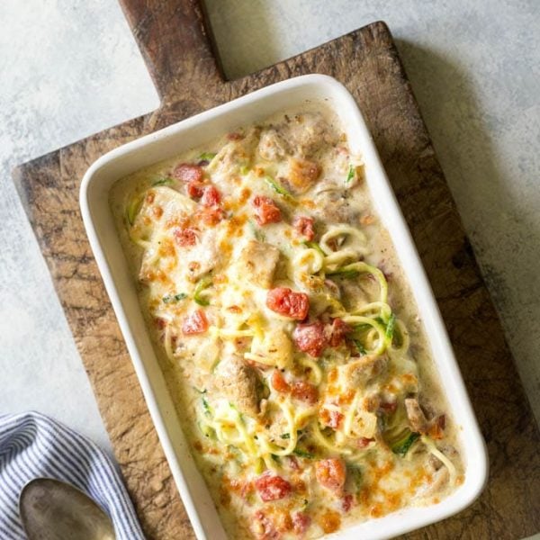 Keto Low Carb Chicken Spaghetti recipe, I promise you'll LOVE this one, it's divine!! Made with a delicious cheesy sauce and no canned soups in sight! this recipe is gluten free, keto, and low carb, you won't miss the pasta, we used zucchini noodles instead! | www.noshtastic.com | #chicken #chickenspaghetti #noodles #zoodles #spiralizer #zucchini #zucchininoodles #lowcarb # #noshtastic #glutenfree #keto #ketodiet #ketogenic #ketorecipes #ketogenicdiet