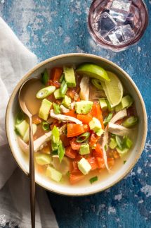 Chicken Avocado Soup with glass of water