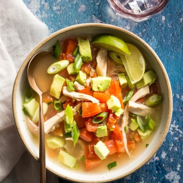 Chicken Avocado Soup with glass of water