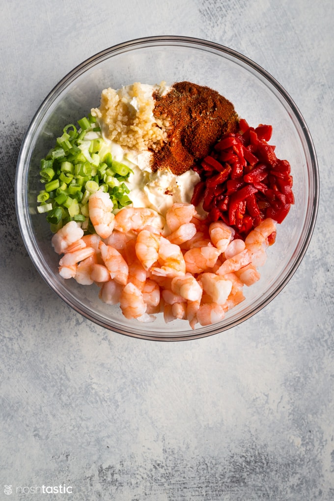 Hot Shrimp Dip ingredients in a bowl