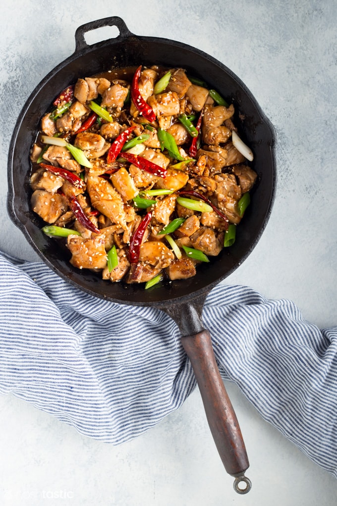Low Carb General Tsos Chicken in a skillet