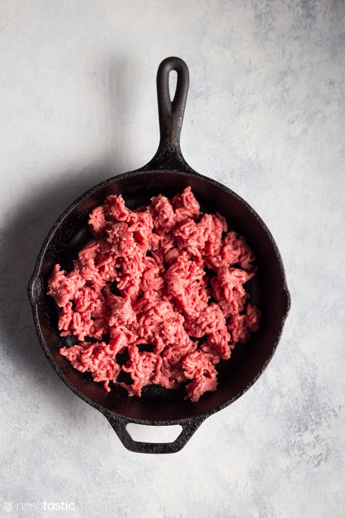 Ground beef in a skillet for taco meat