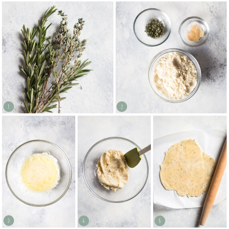 Step by step photo collage showing how to make keto herb crackers