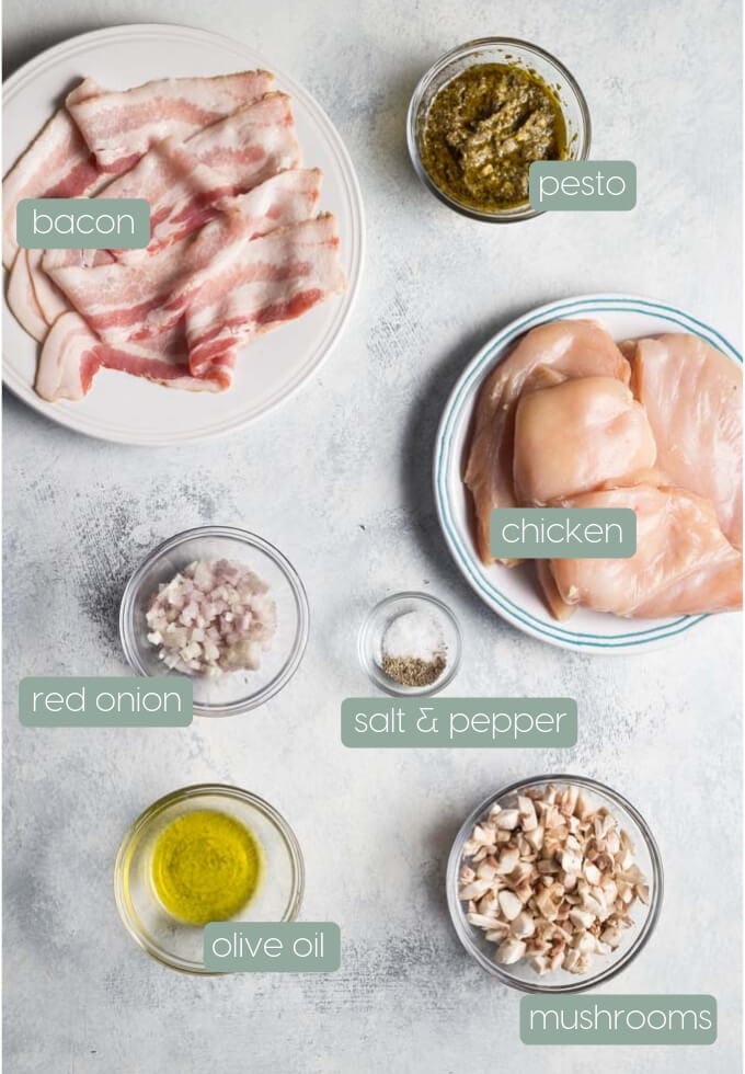 Ingredients on a plate for pesto stuffed chicken