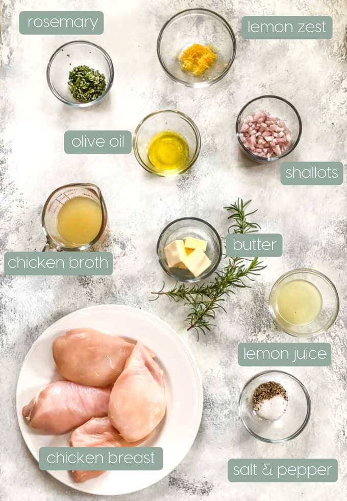 Ingredients on a board for making Lemon Rosemary Chicken