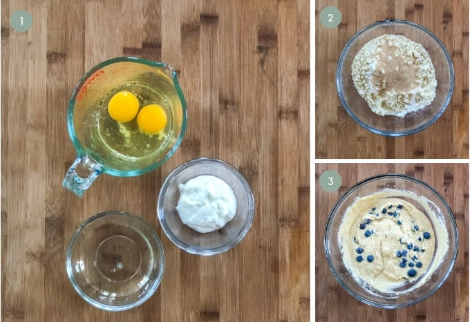 eggs, almond flour and blueberries in a bowl for low carb muffins