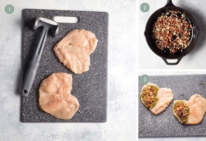 Step by step photograph showing how to make pesto stuffed chicken