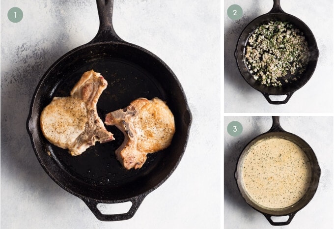 Photo collage showing how to make keto pork chops