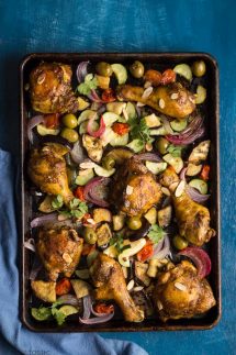 Chicken pieces with spices cooked on a sheet pan with vegetables