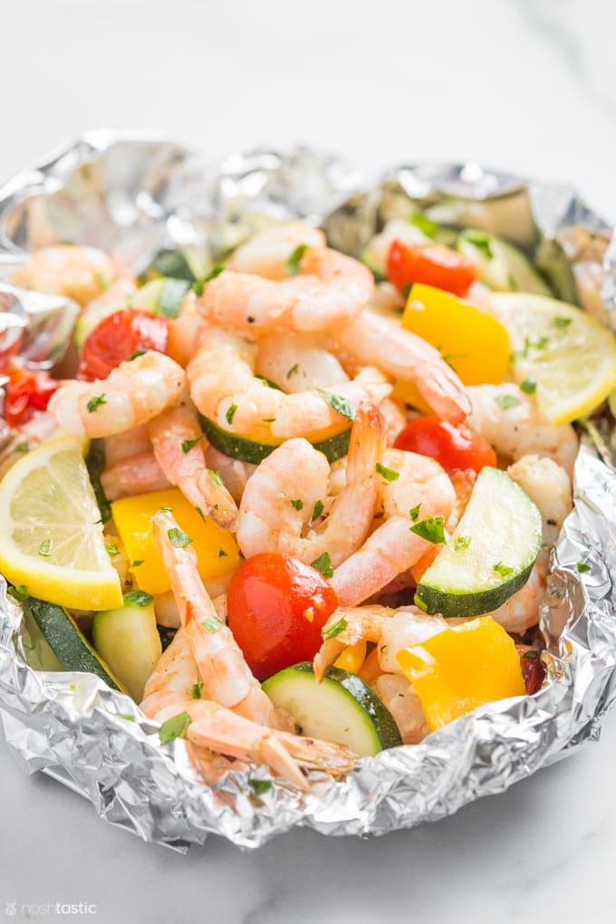 Shrimp Foil Packets with zucchini and tomatoes
