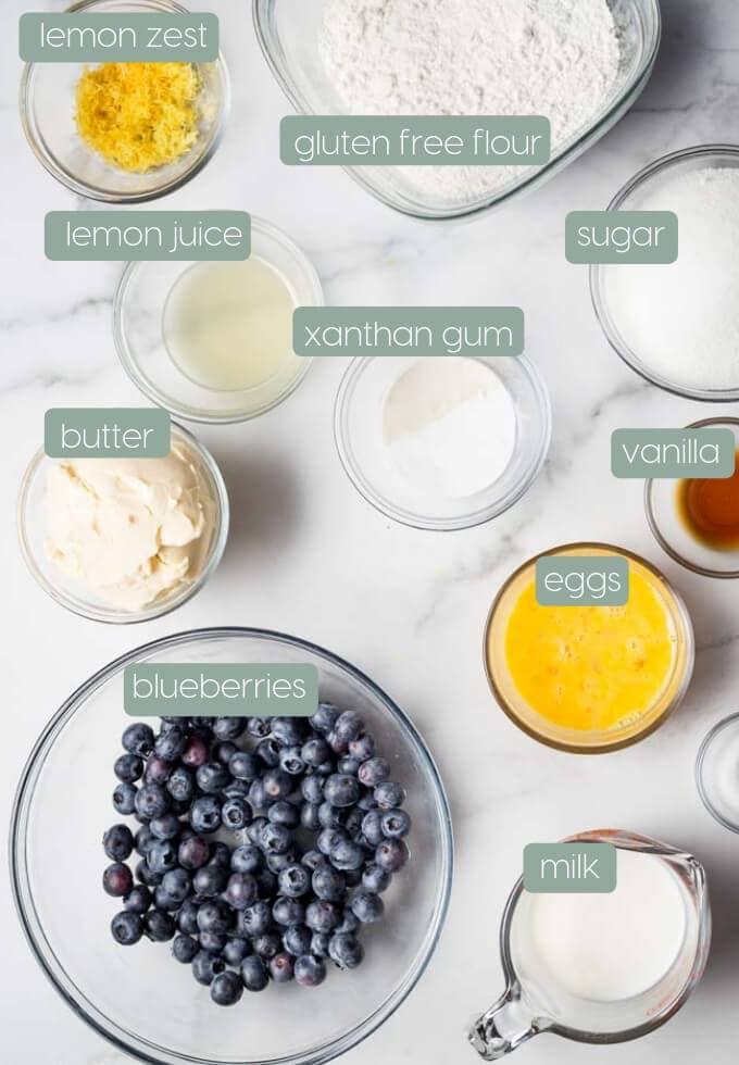 ingredients measured out for gluten free blueberry cake