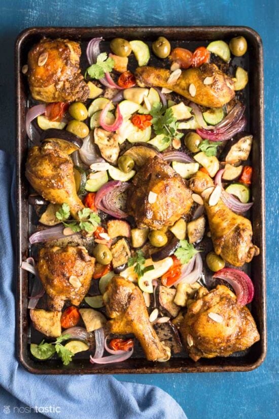 Moroccan Chicken on a sheet pan with vegetables