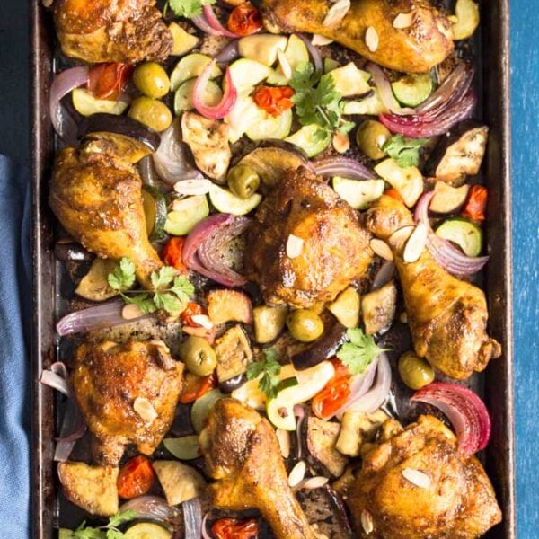 Moroccan Chicken on a sheet pan with vegetables