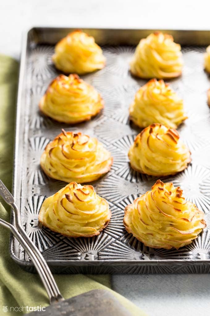 Duchess Potatoes on a baking sheet