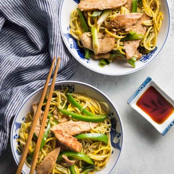 Two Bowls of Low Carb Lo Mein with chopsticks