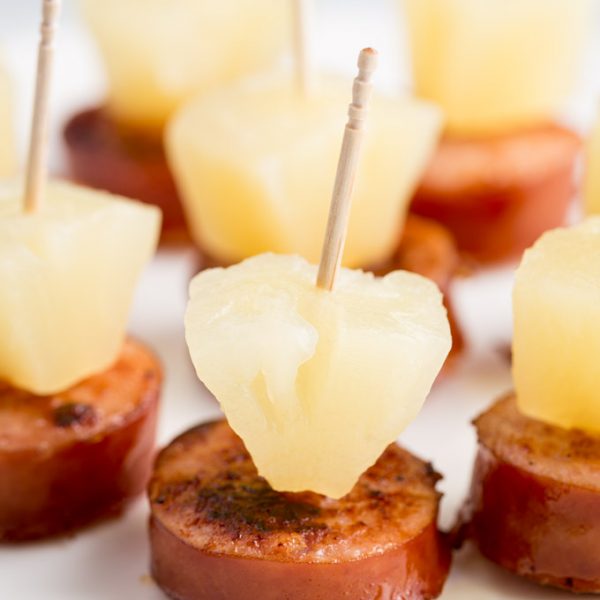 Sausage pineapple bites on a plate