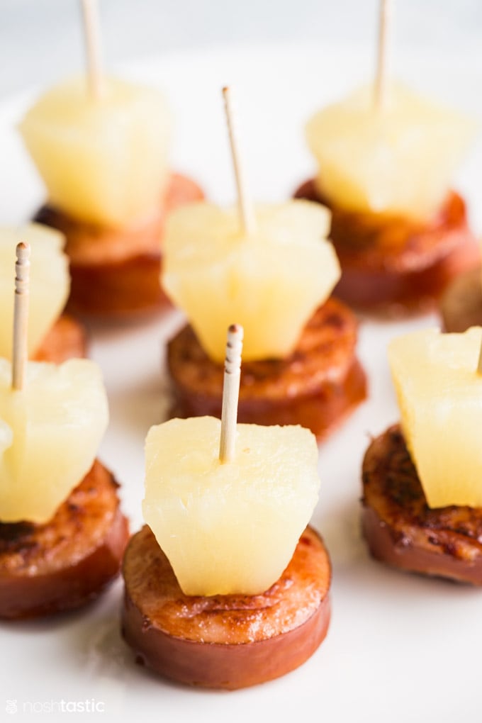 Sausage and pineapple bites on a toothpick