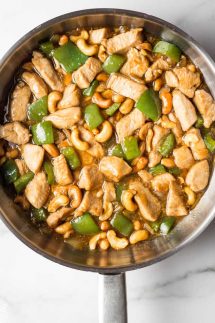 overhead photograph of keto cashew chicken in a skillet