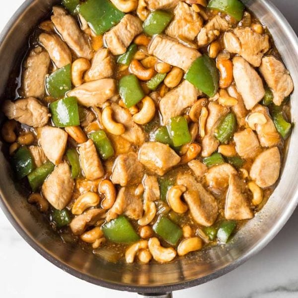 overhead photograph of keto cashew chicken in a skillet