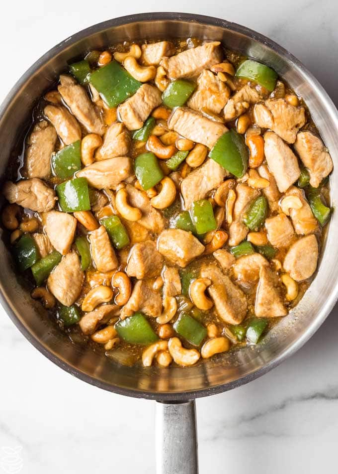 overhead photograph of keto cashew chicken in a skillet