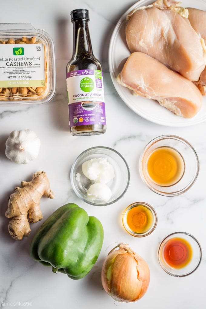 overhead photograph of ingredients laid out for making keto cashew chicken