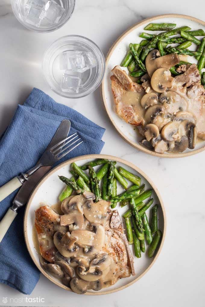 two plates of pork chops with mushroom sauce